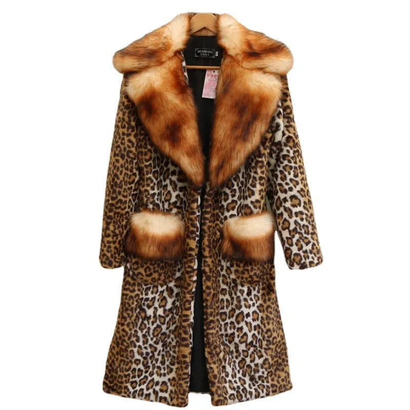 Women's long leopard print artificial fur jacket with regular sleeves, 80cm length
