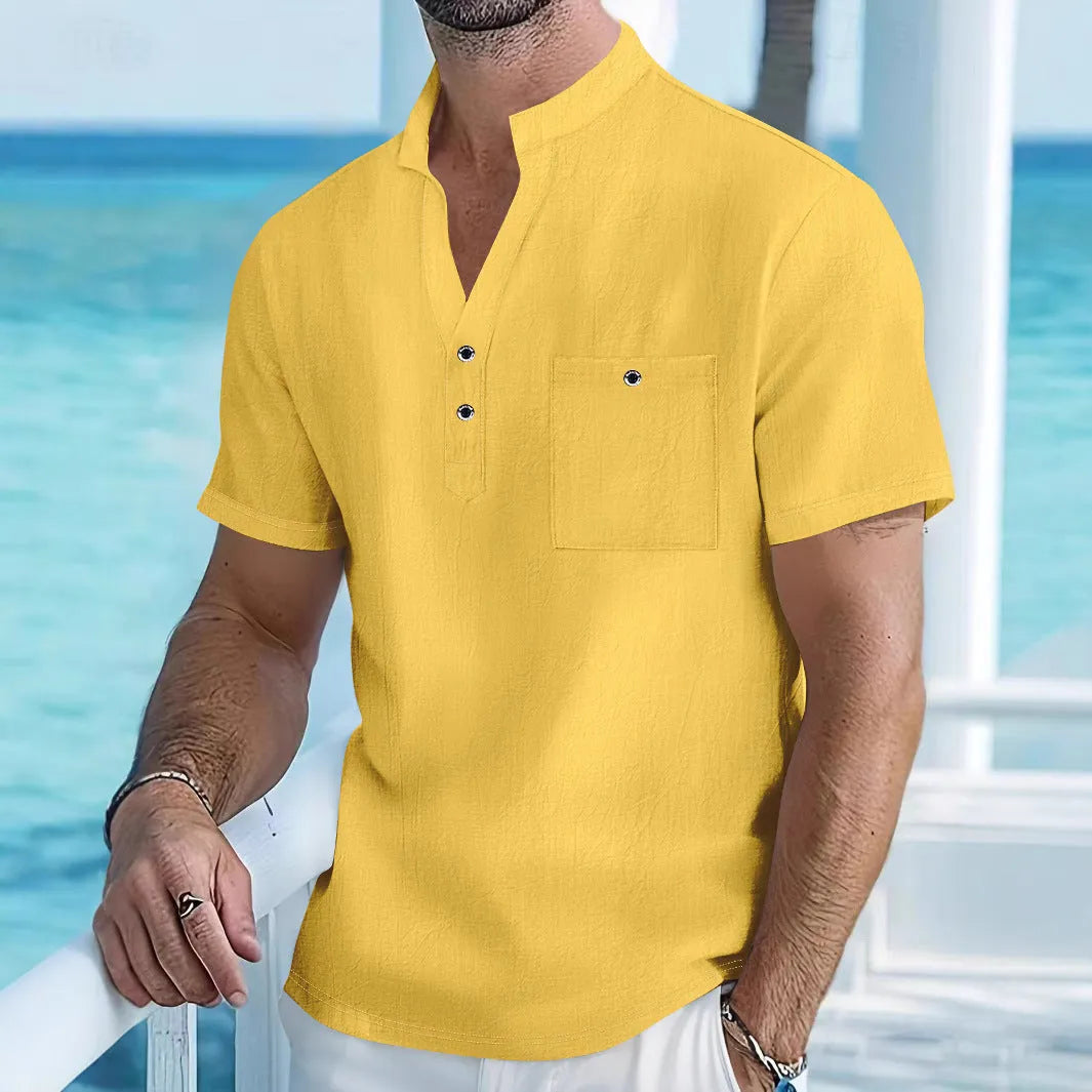Men's loose fit linen blend short sleeve shirt with a stand collar in a light blue colour