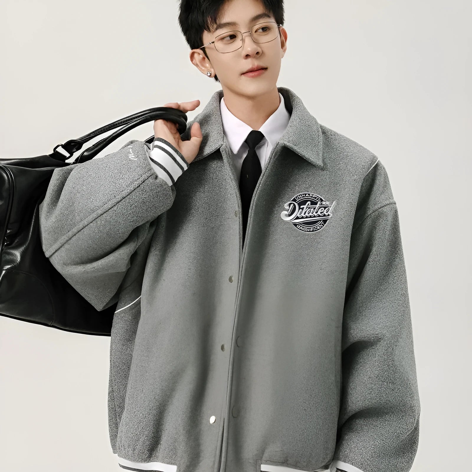Men's casual patchwork vintage jacket in Flower Gray with stripes and stick pocket, loose fit