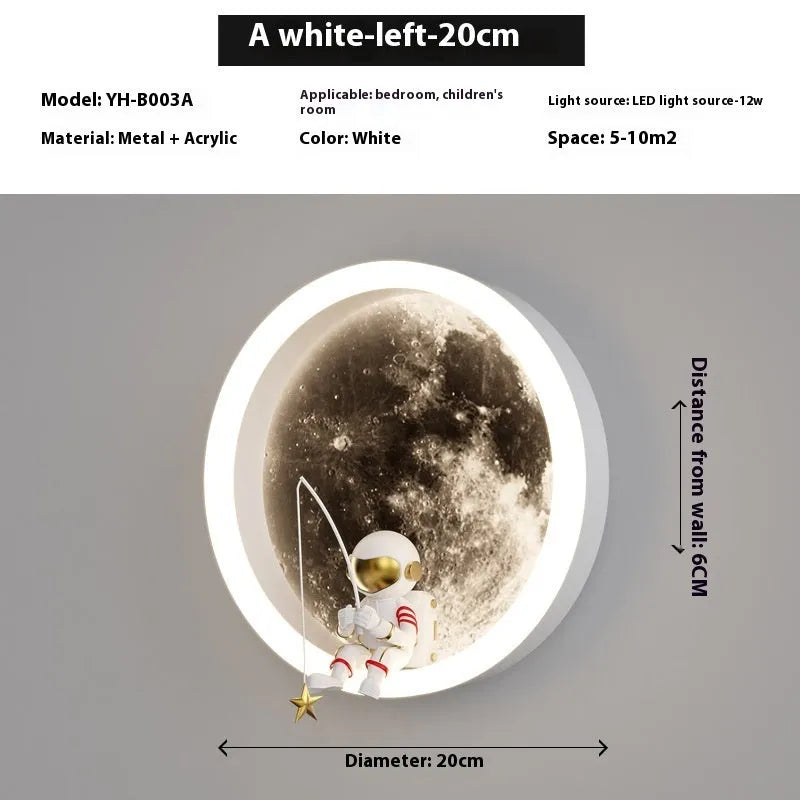 Modern minimalist moon wall lamp with acrylic shade, black finish, showing warm light, 220V