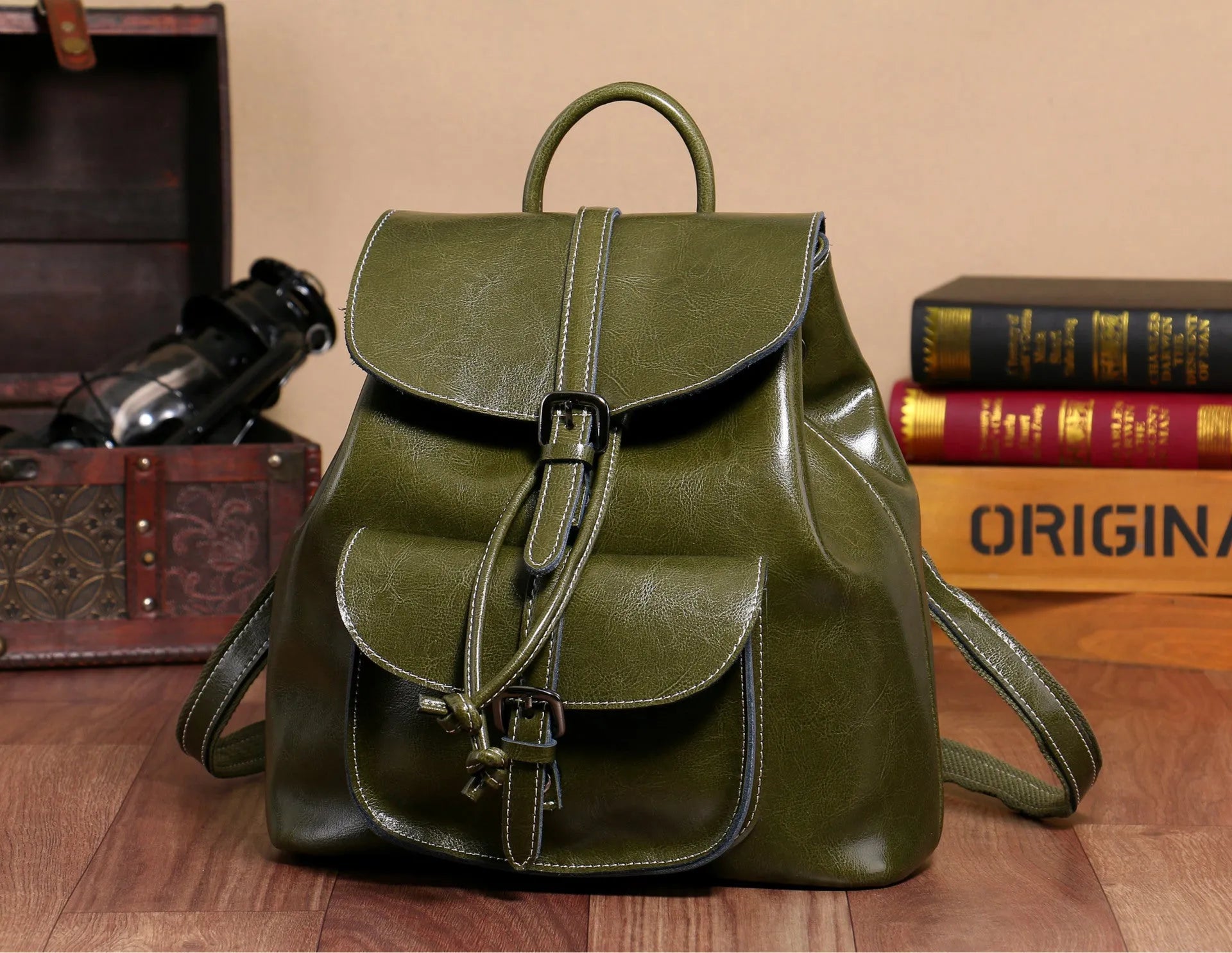 Korean style genuine cowhide leather backpack with pull-belt and sandwich pocket, 28x30x12cm, black