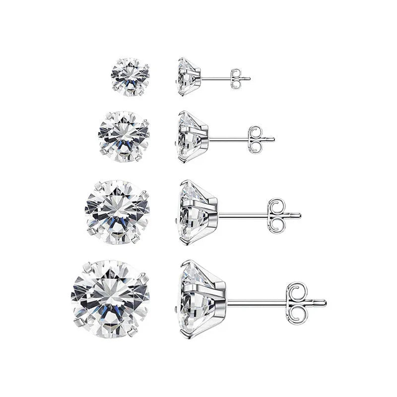 Geometric square zircon stud earrings in gold or steel finish with 2mm to 8mm size options
