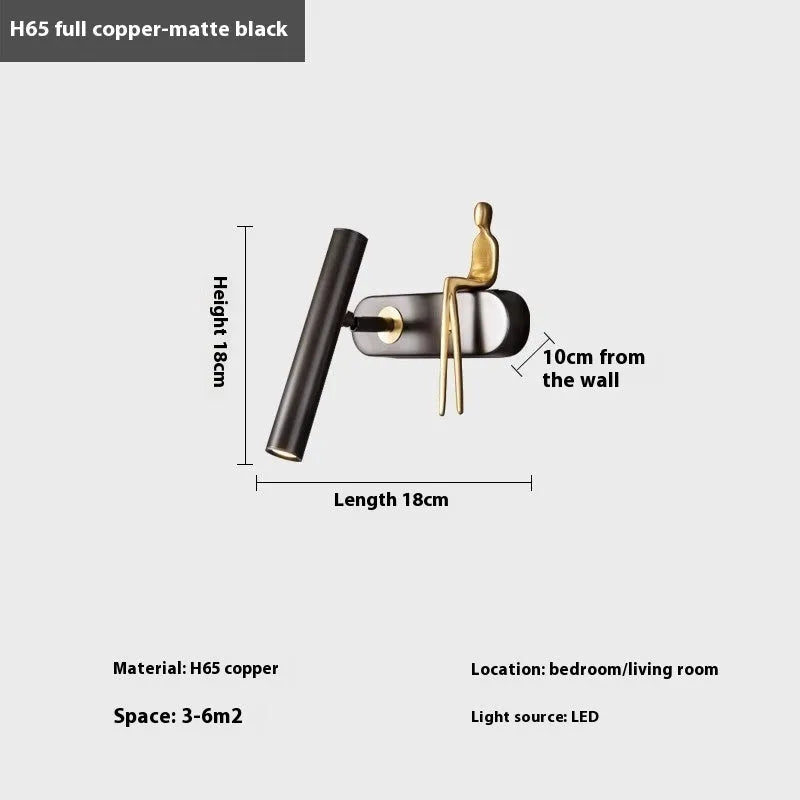 All-copper bedroom bedside wall lamp modern minimalist with copper finish, left mount