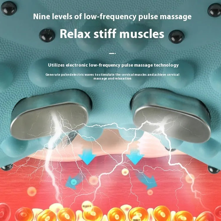 Blue-green portable neck and shoulder massage pillow with EMS and heating functions