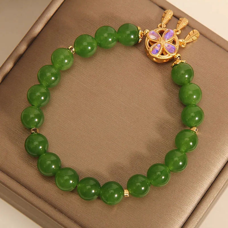 Women's green jasper bracelet with four-leaf clover and dream catcher crystal pendant