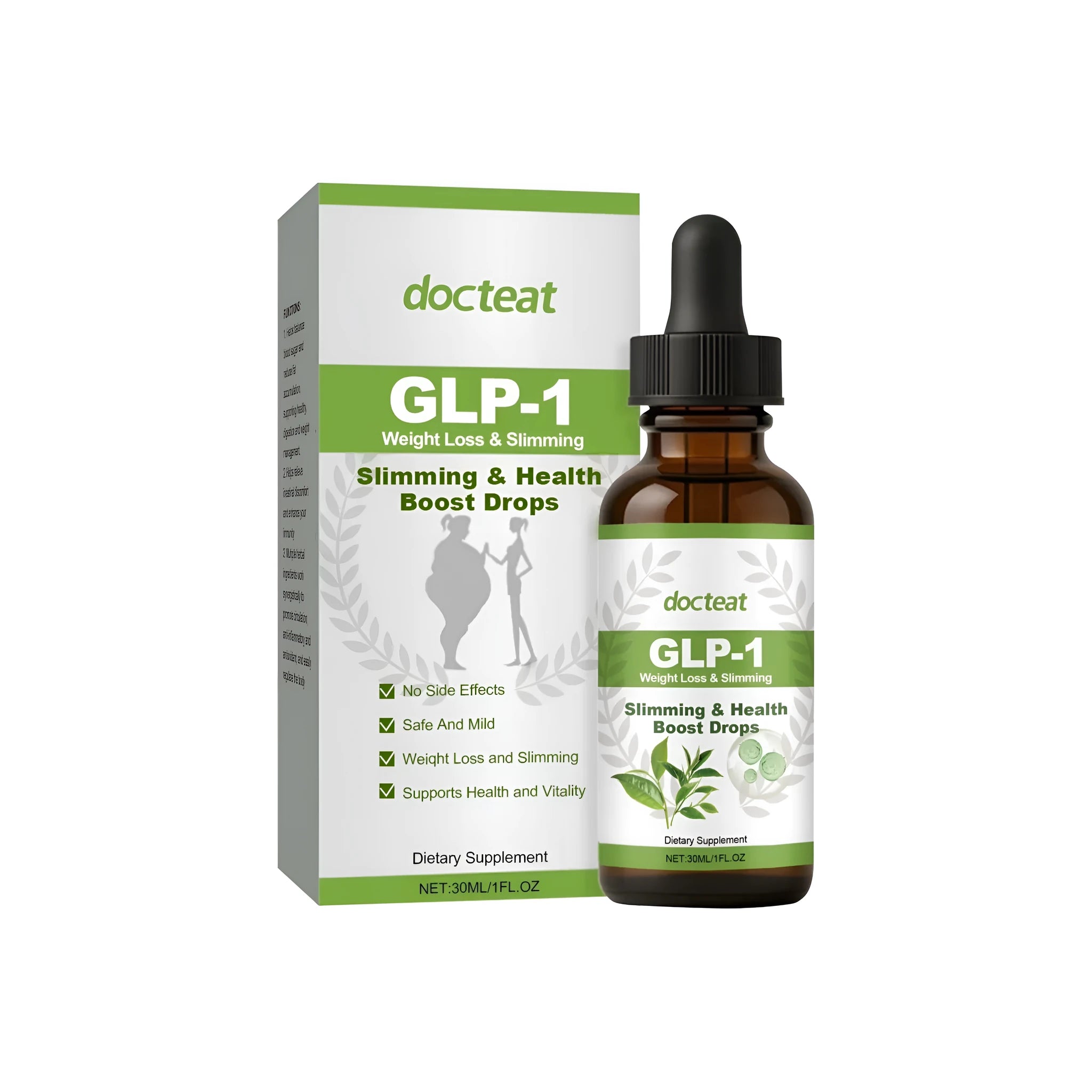 30ml bottle of intestinal health support droplets with moringa, green tea, and peppermint liquid drops