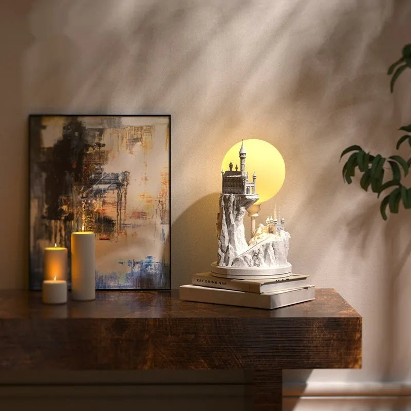 White composite gypsum table night lamp on a surface.