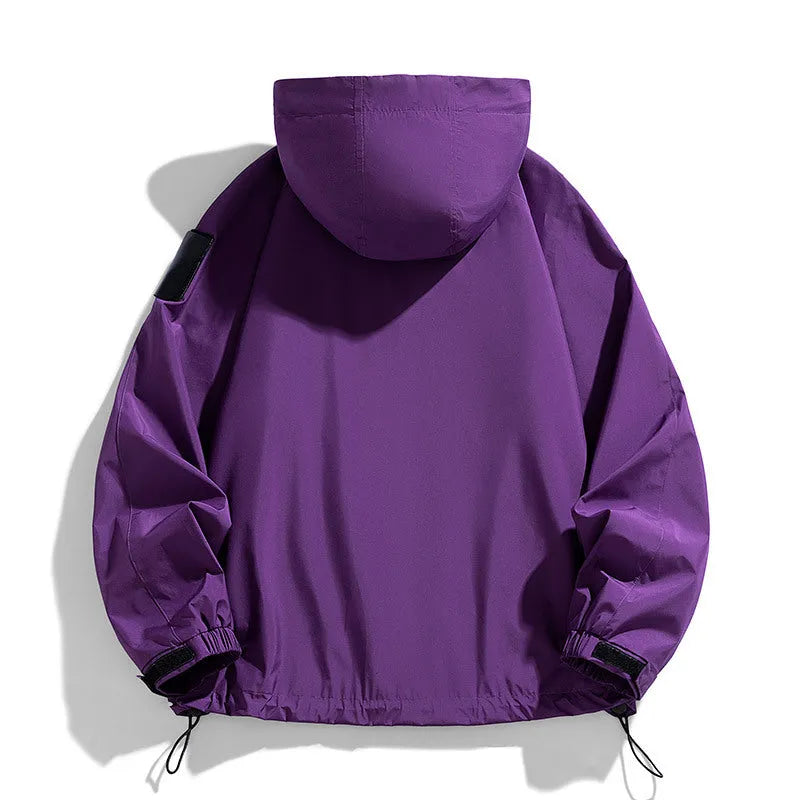 Men's black windproof waterproof hooded coat with long sleeves on a hanger.