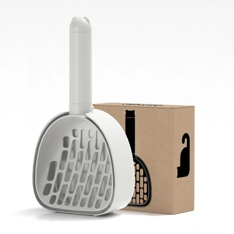 Plastic cat litter scoop with base in white model, showing hidden bag storage compartment and large scoop head with alternating apertures