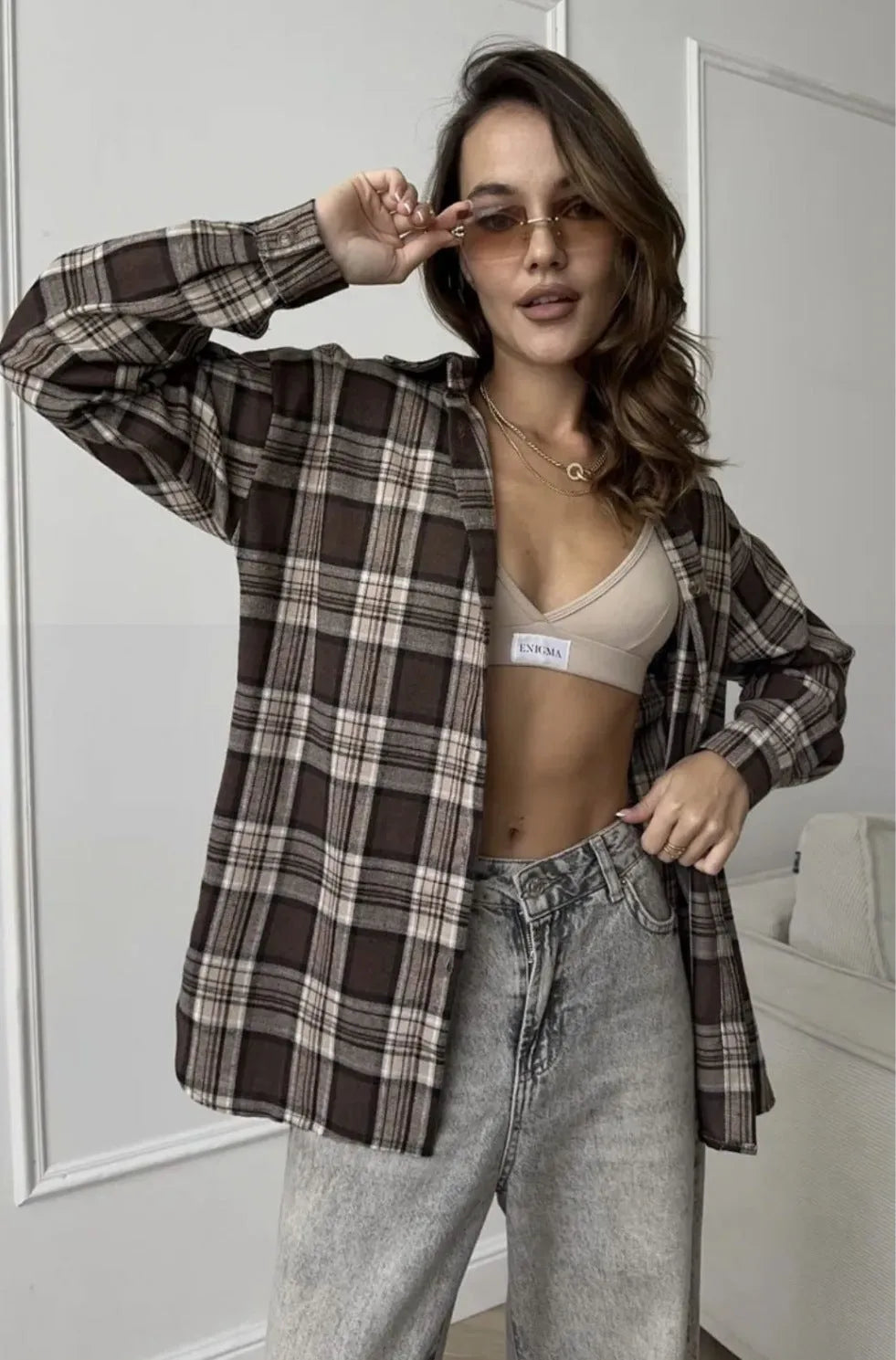 Women's retro striped shirt in dark brown with long sleeves and trueran cotton fabric