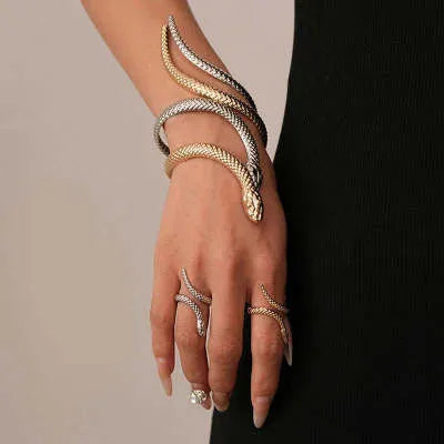 Gold metal ring and bracelet set with exaggerated twisted winding design and simulated snake opening details