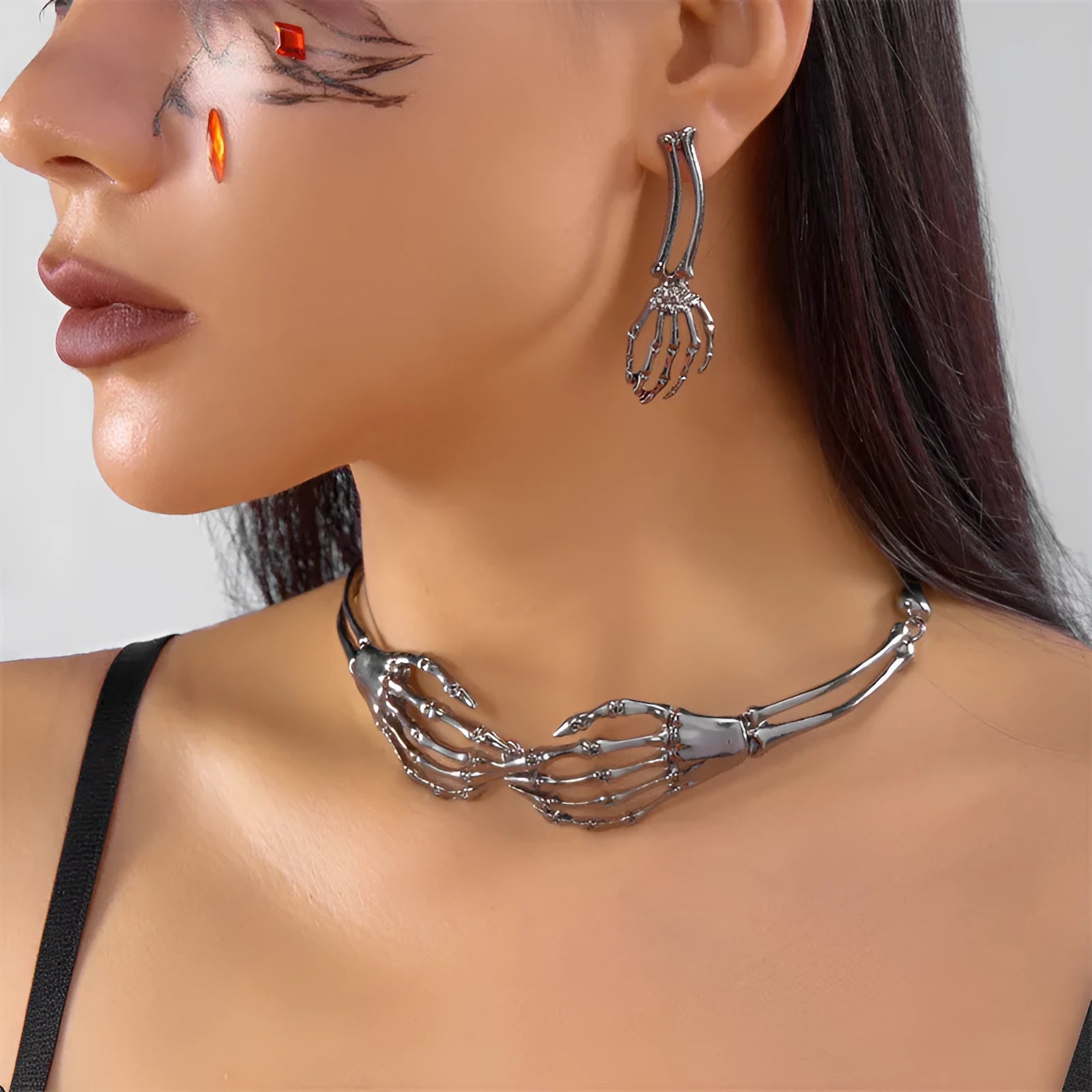 Dark style skull ghost claw necklace earrings set electroplated alloy silver black women