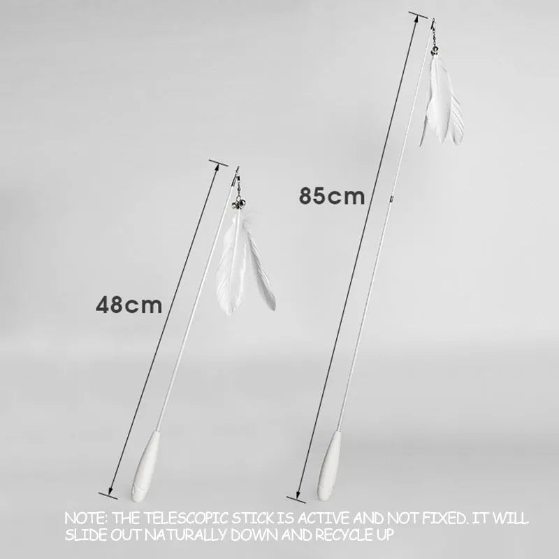 Telescopic fishing rod cat toy with goose feather lure, removable bell, extended to 80 cm on white background