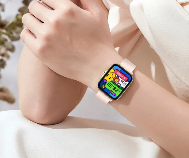 Blue smart sports watch with 1.7-inch touchscreen display showing heart rate monitoring interface