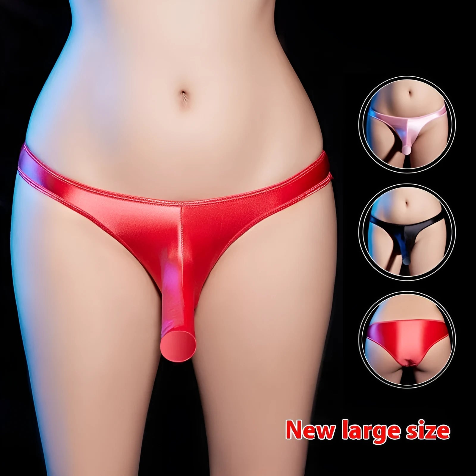 Men's low waist T-back underwear in shiny nylon, shown in black colour on a model