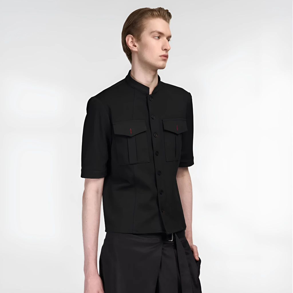 Handmade black half sleeve hunting shirt with shirt collar and loose fit design