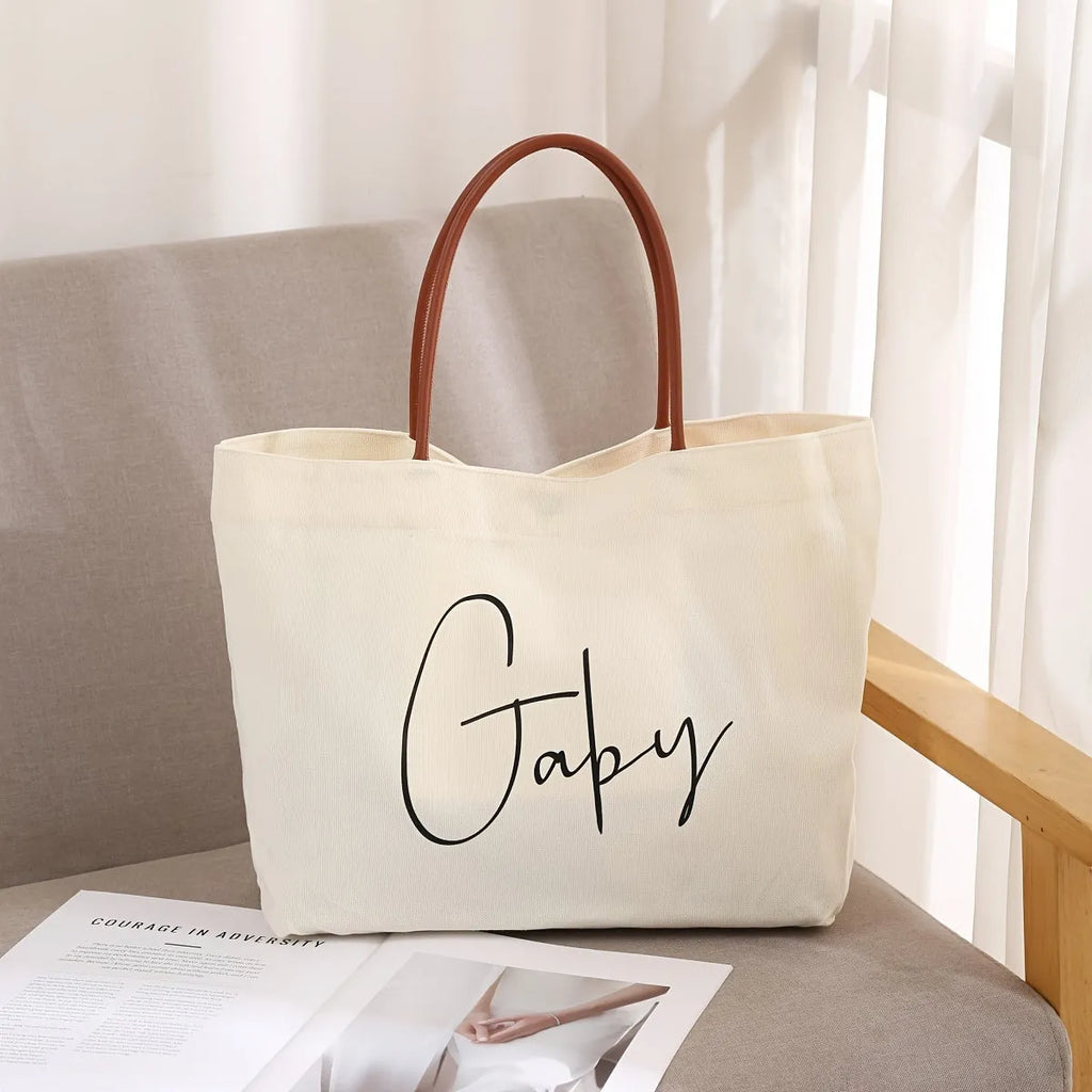 Natural cotton canvas tote bag in beige white and white colours with large main compartment