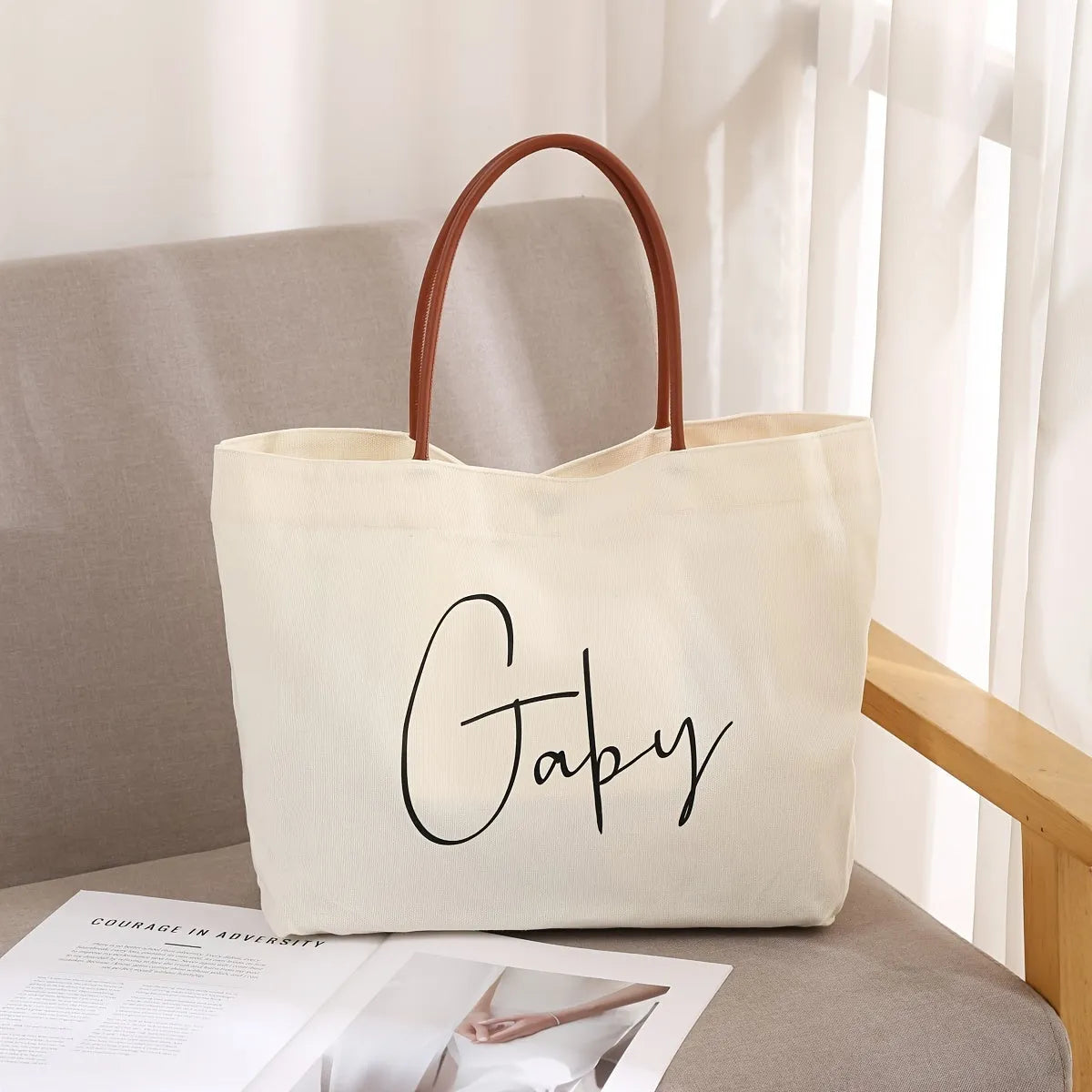 Natural cotton canvas tote bag in beige white and white colours with large main compartment