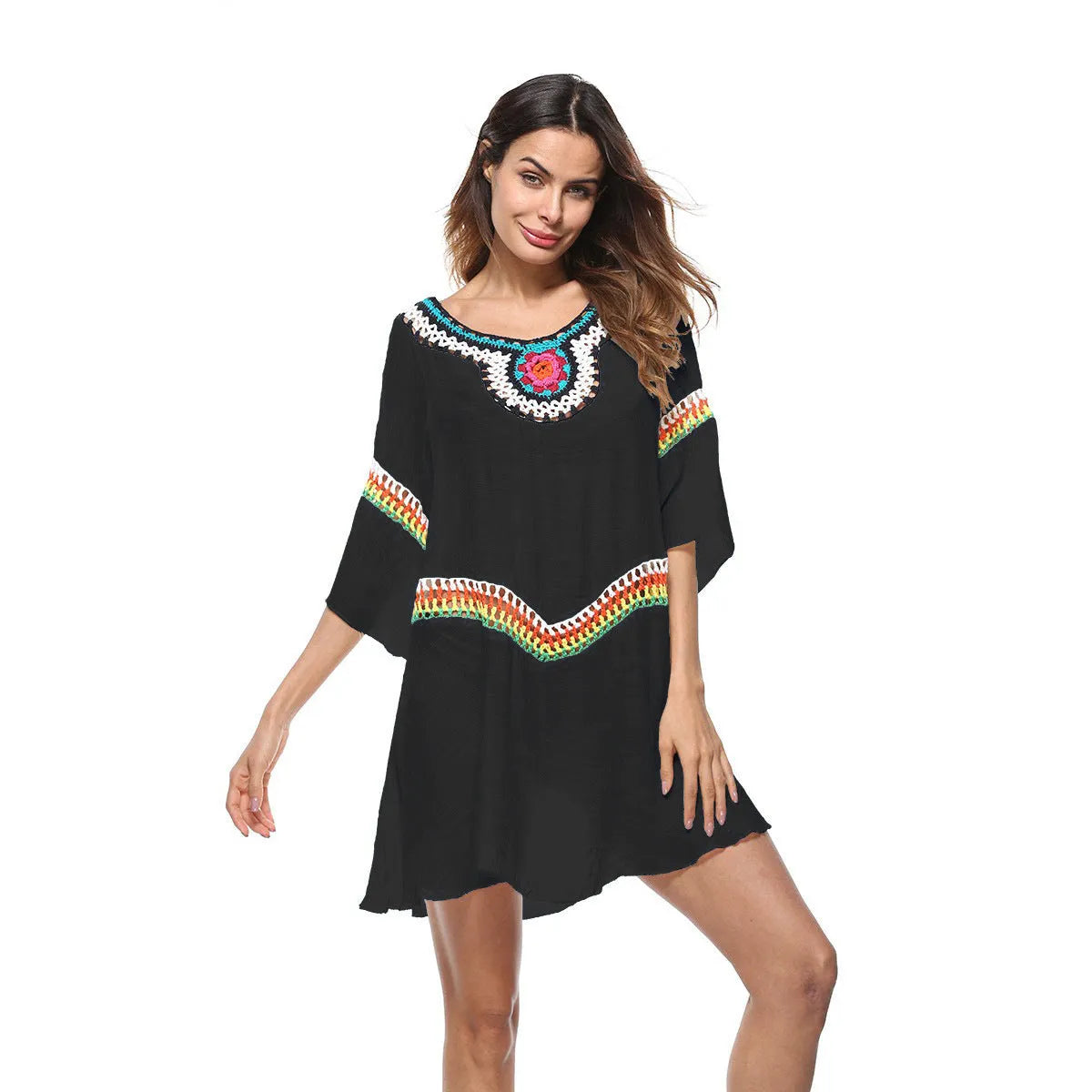 Crocheted ethnic style beach cover-up for women in acrylic polyester fabric