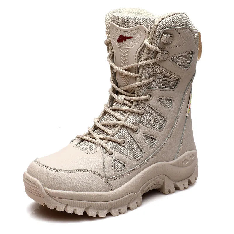 Genuine cowhide leather hi-top hiking shoes in beige colour for outdoor climbing and running activities