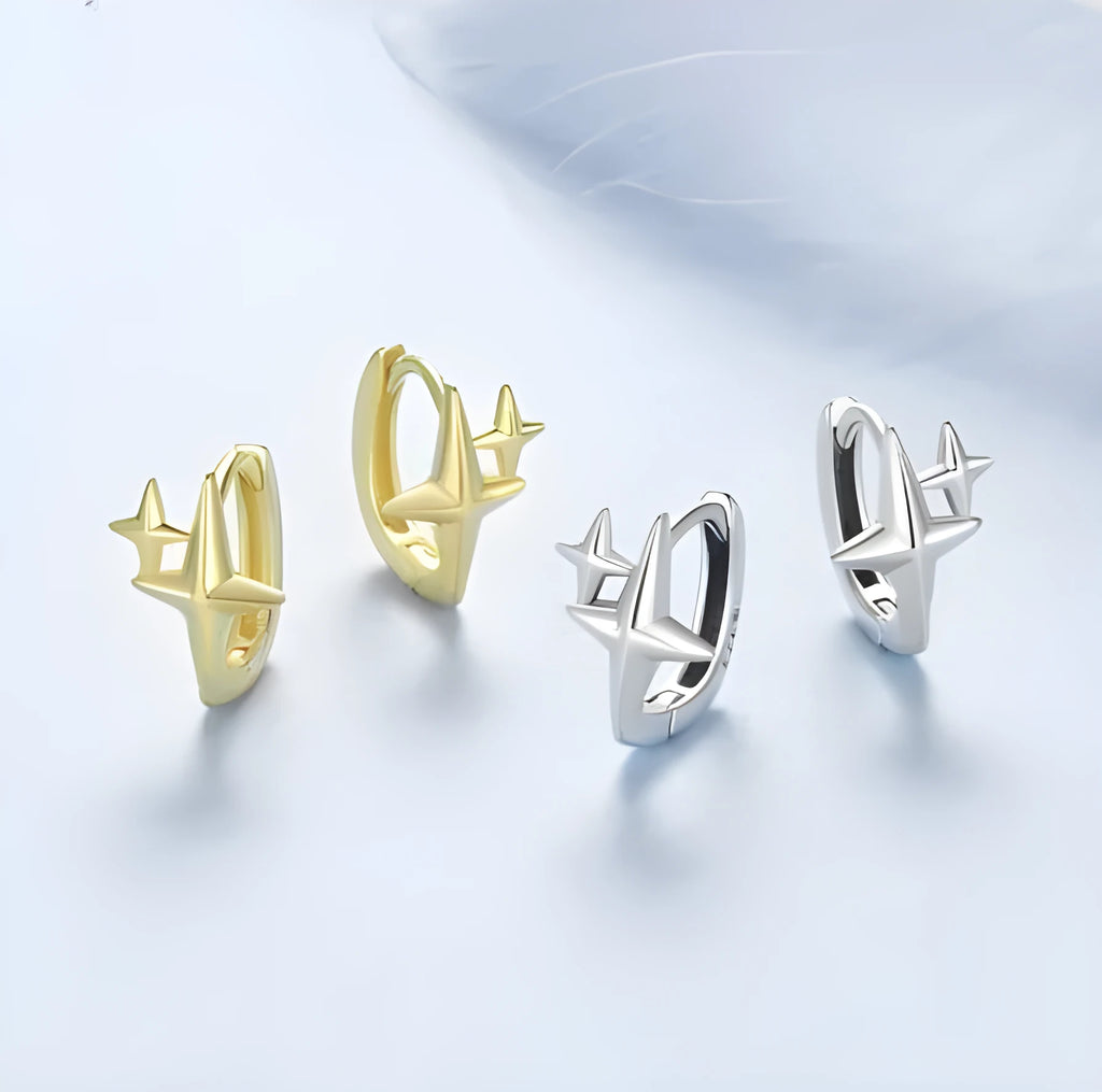 Minimalist star design sterling silver clip earrings with oxidised detailing