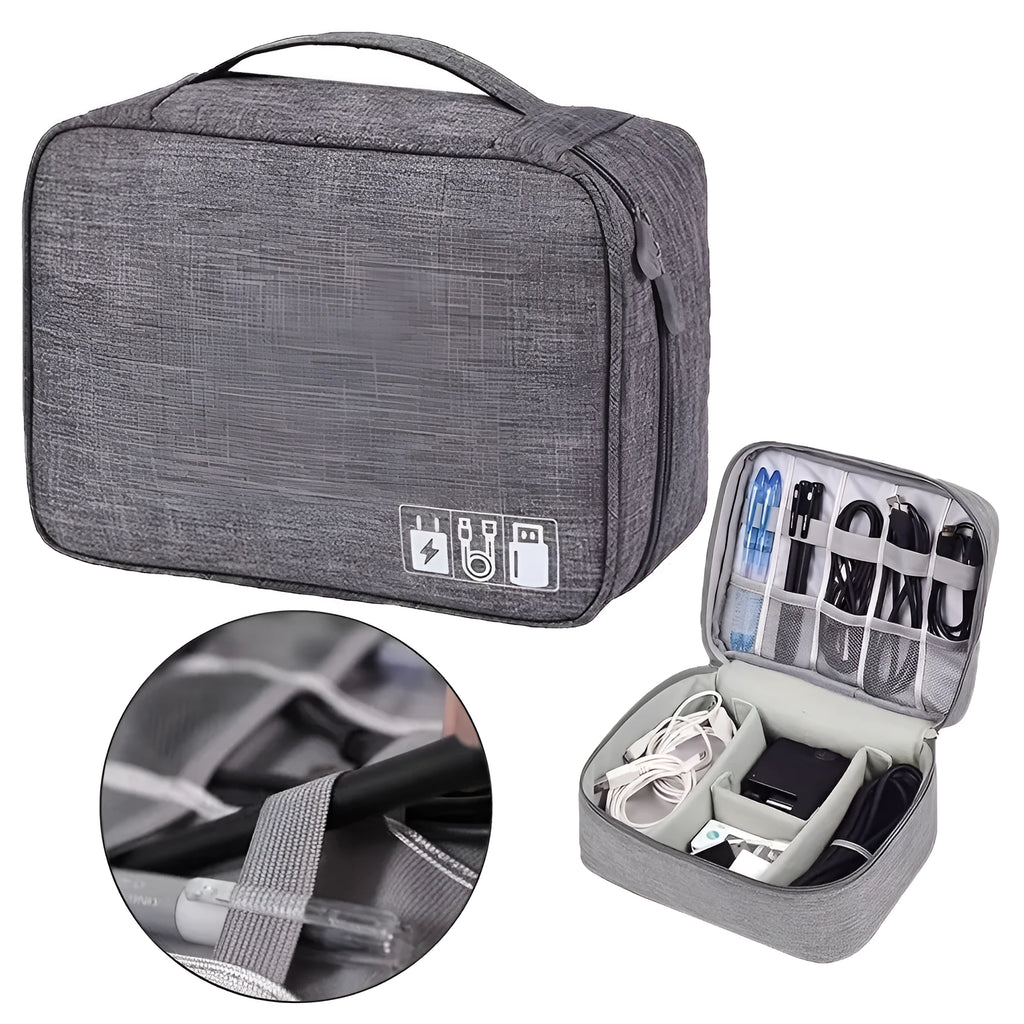 Black travel electronics organiser case with mesh pockets, elastic loops and removable padded dividers