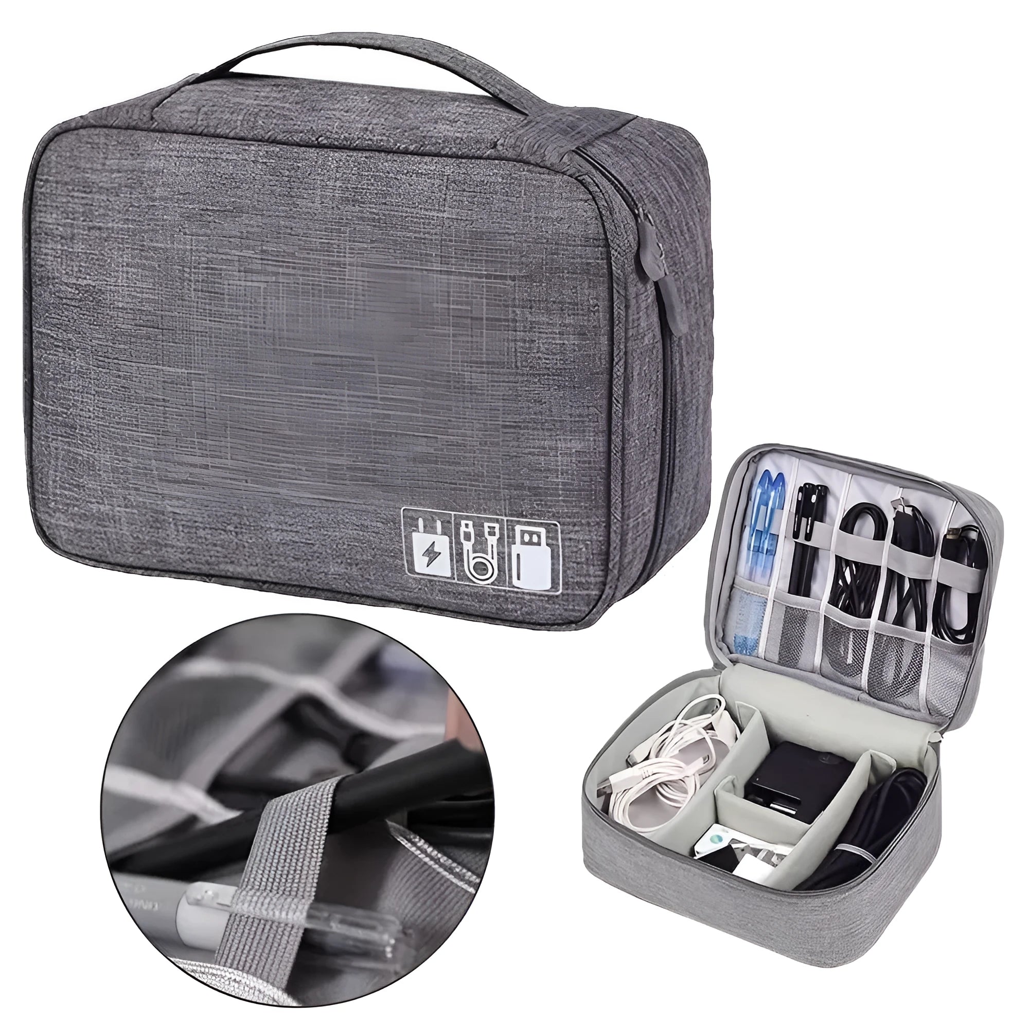 Black travel electronics organiser case with mesh pockets, elastic loops and removable padded dividers