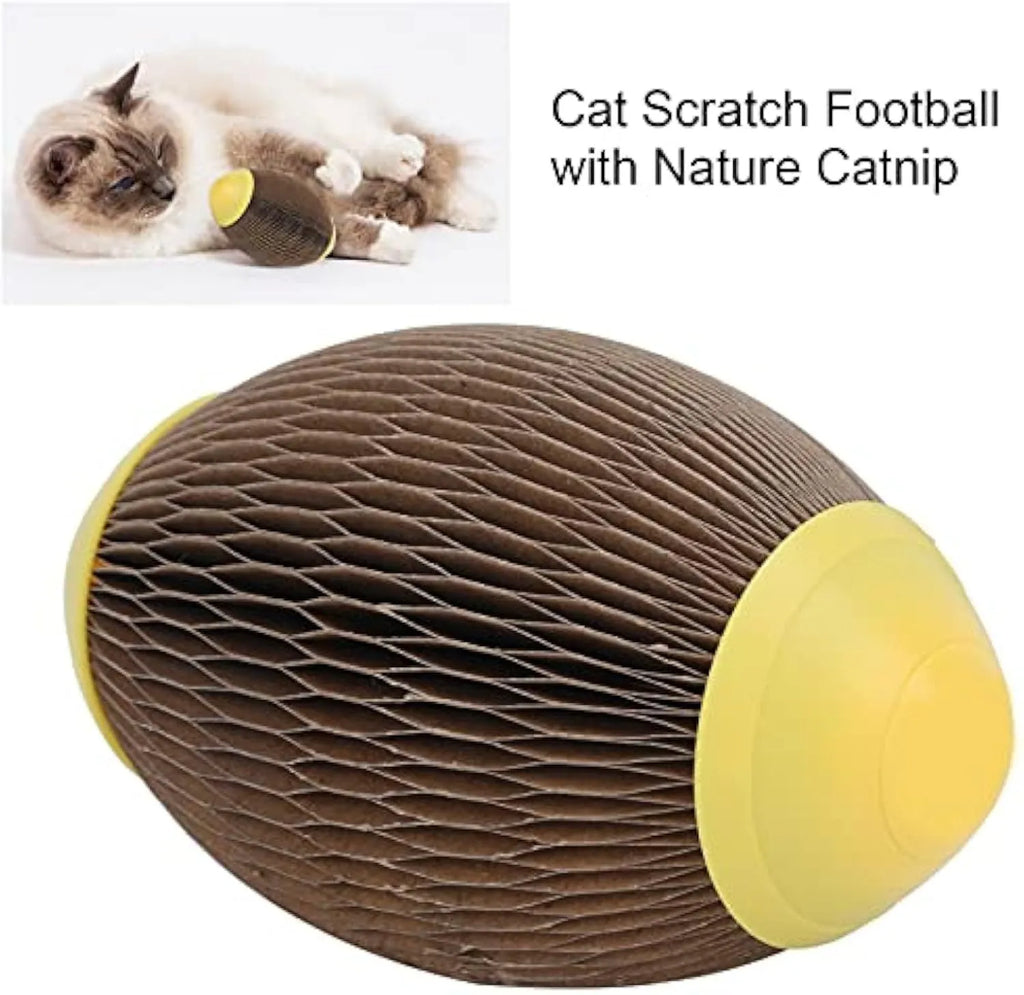 Ellipse-shaped corrugated paper catnip football toy for scratching and play.