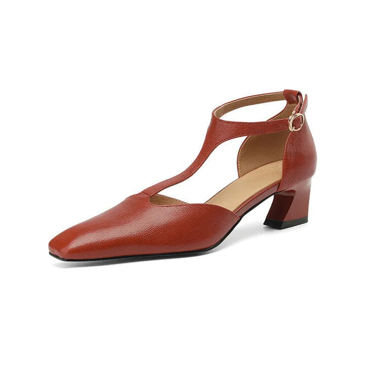 Women's wine red retro square toe chunky heel shoes made from sheepskin leather with a buckle