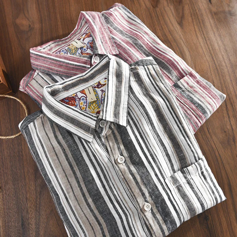 Men's casual linen striped shirt with long sleeves in grey colour option showing loose fit design