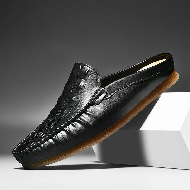 Men's black summer semi-slippers with breathable artificial PU upper and rubber sole