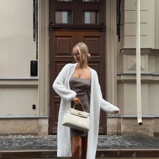 White long length women's cardigan sweater jacket with loose fit and regular sleeves