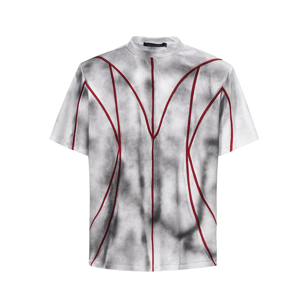 Padded shoulder T-shirt with textured line patchwork design on front