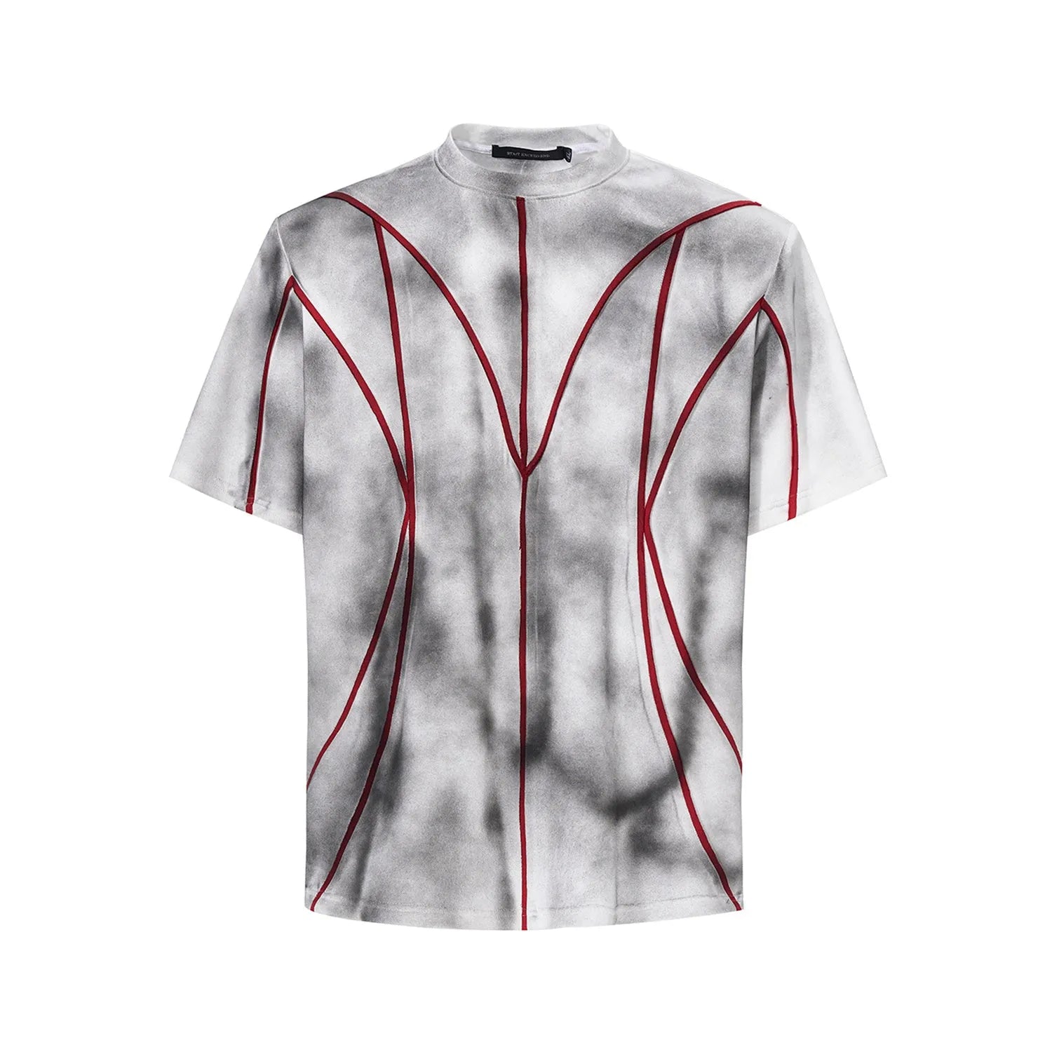 Padded shoulder T-shirt with textured line patchwork design on front