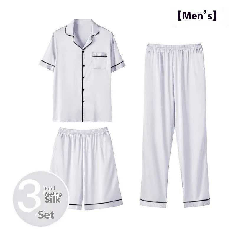Men's thin ice silk three-piece home wear set showing top, shorts and trousers in blue colour