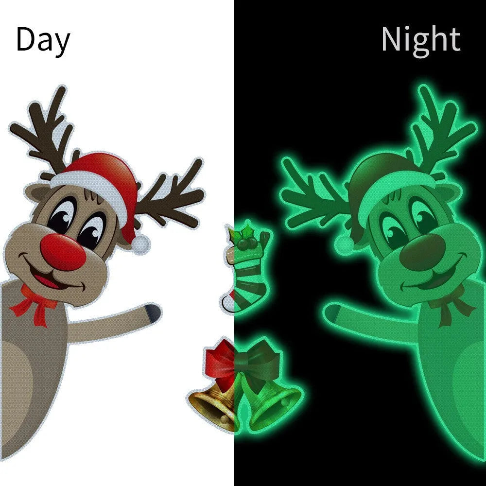 Cartoon-style Christmas elk magnetic bumper sticker with luminous reflective finish.