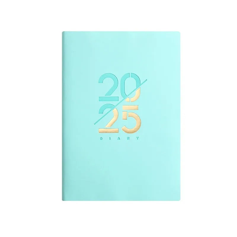 2025 A5 daily plan schedule book with soft faux leather cover in blue, pink, yellow, purple and green