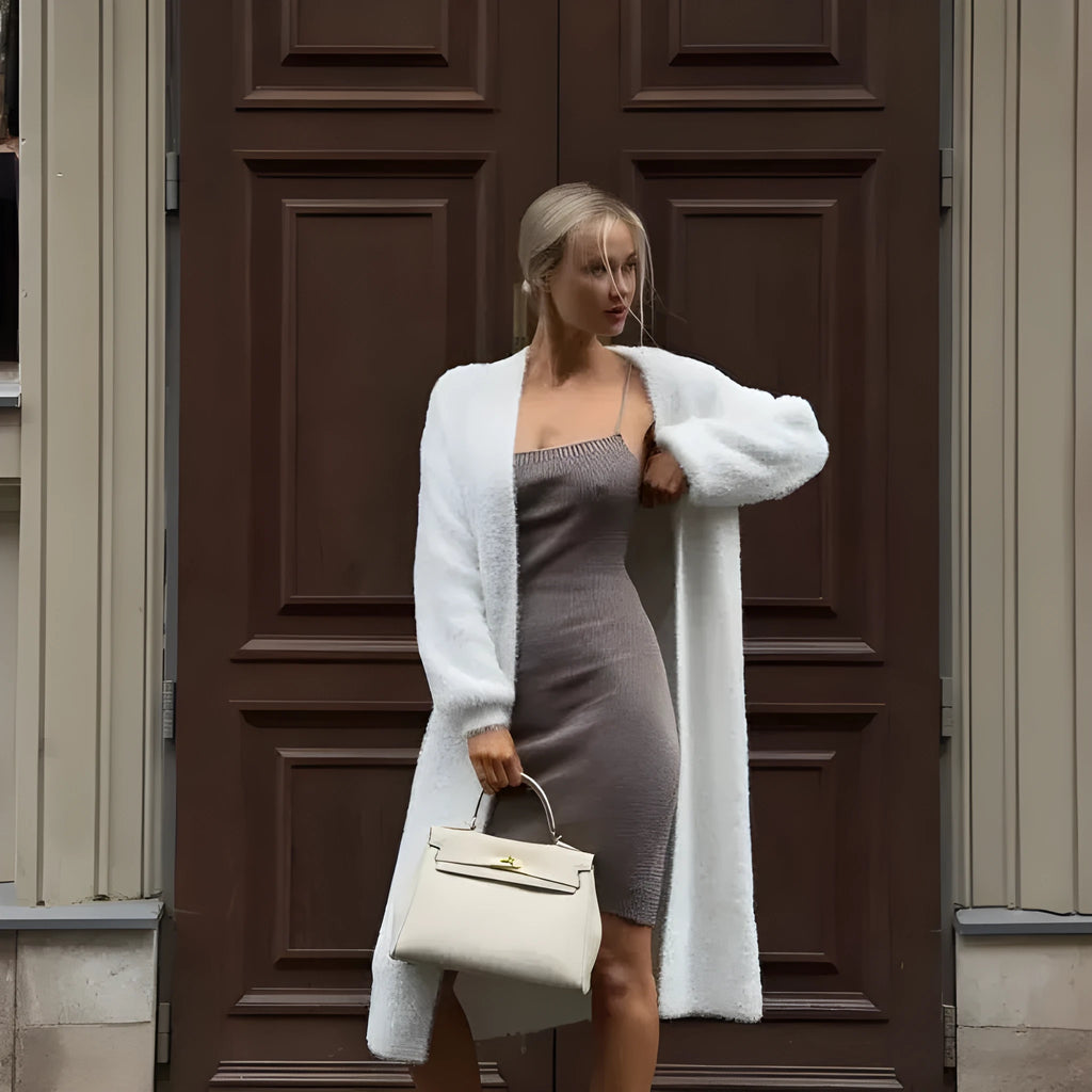 White long length women's cardigan sweater jacket with loose fit and regular sleeves