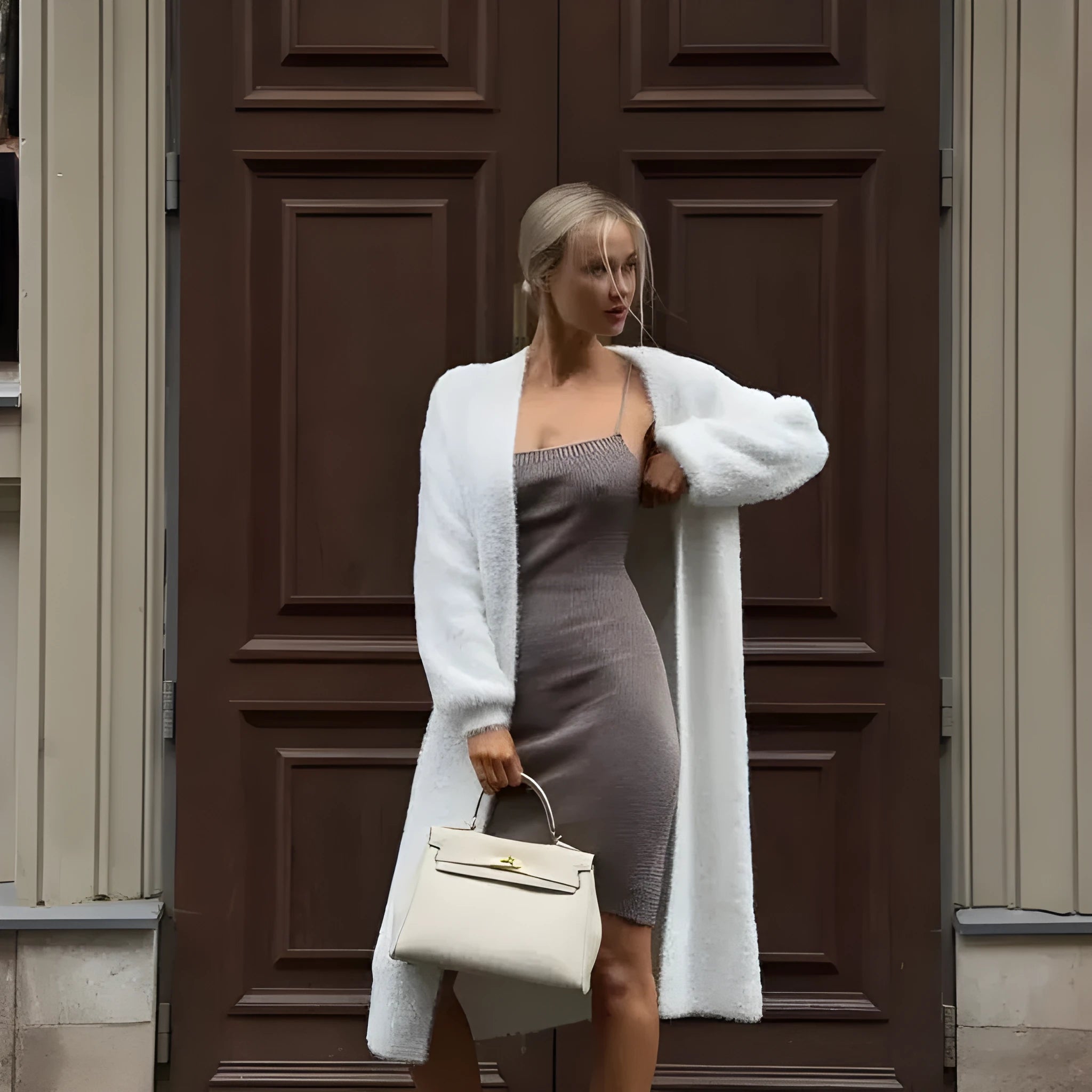 White long length women's cardigan sweater jacket with loose fit and regular sleeves