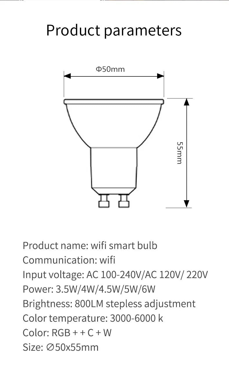 Wi-Fi smart RGBCCT GU10 LED spotlight bulb with compact 50mm diameter housing