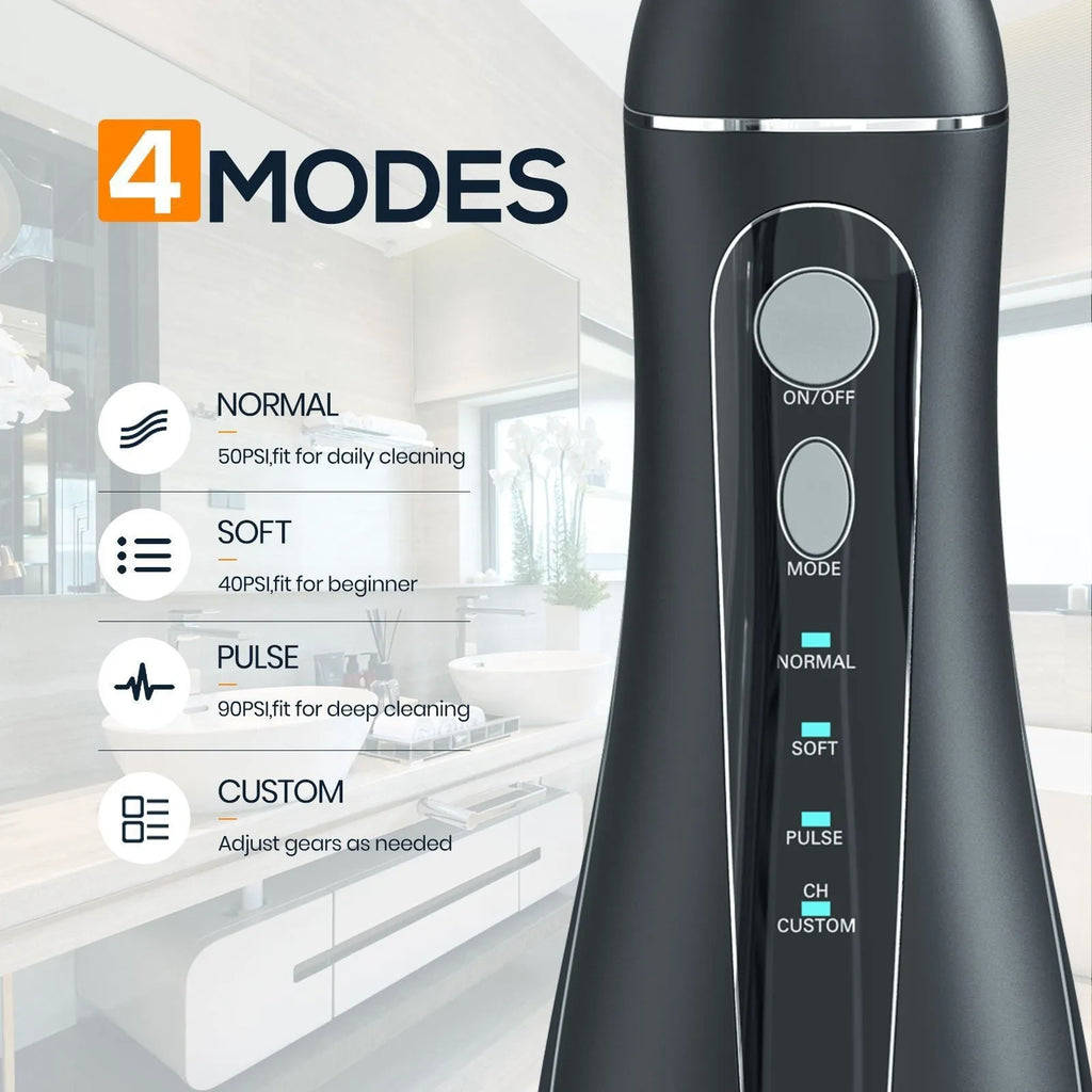 Portable electric water pick oral irrigator in black with rechargeable battery for adult home use