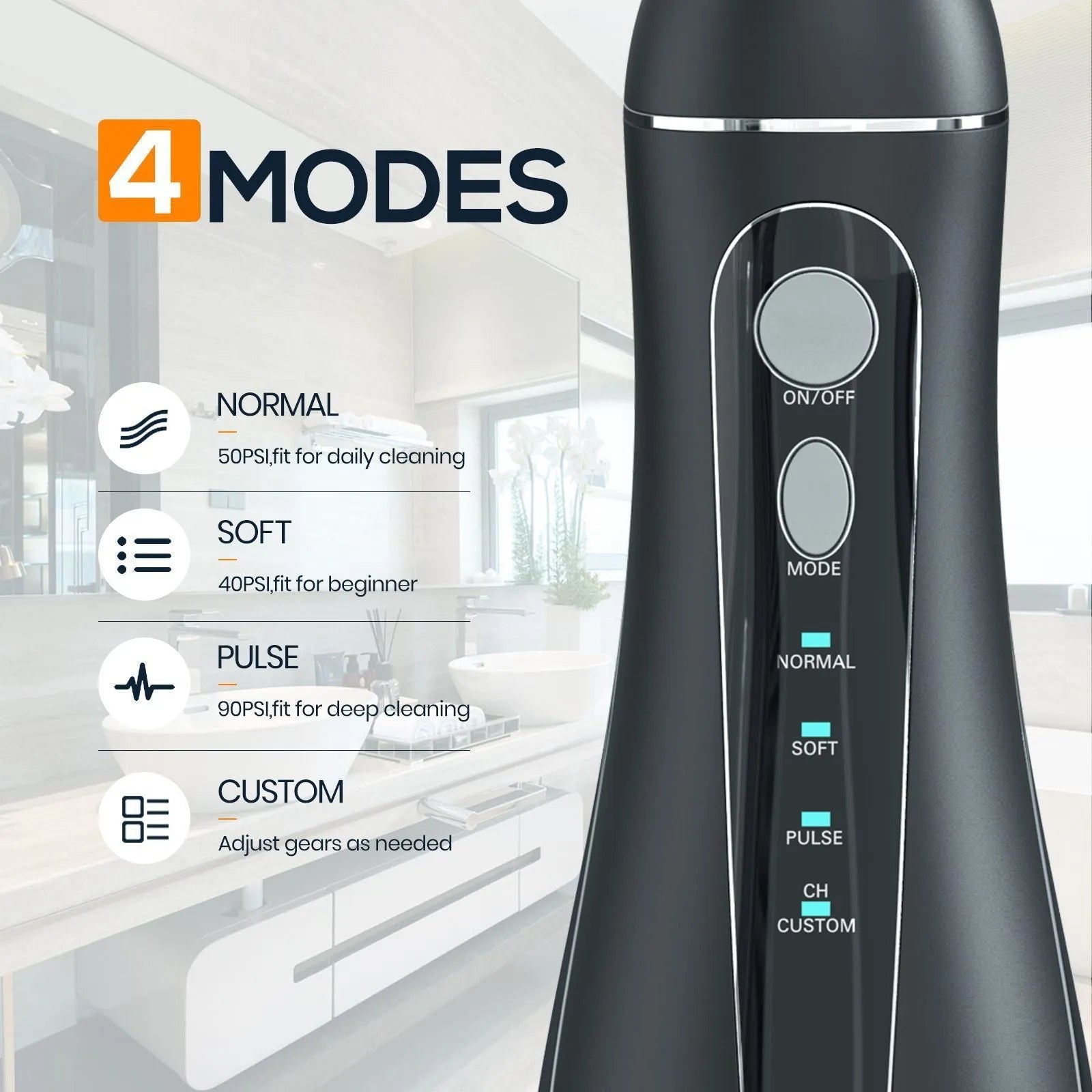 Portable electric water pick oral irrigator in black with rechargeable battery for adult home use