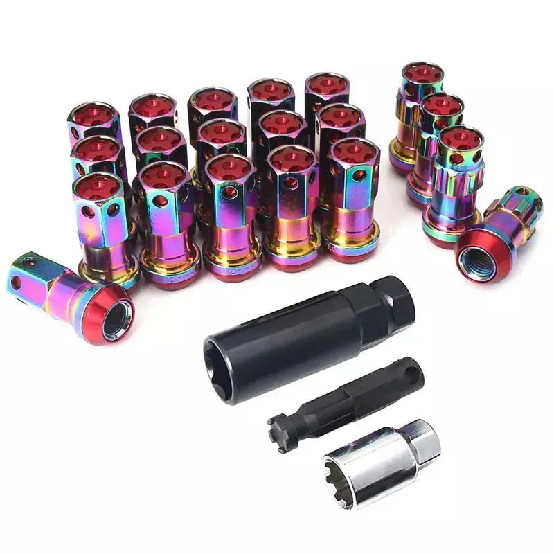 Set of aluminium alloy flat head wheel nuts in various colours including black, blue, gold, red, and purple.