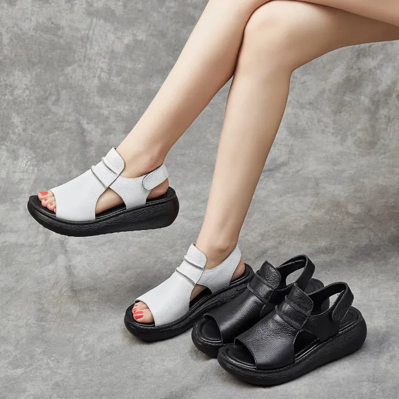 Women's peep toe casual sandals in genuine cowhide leather with raised bottom sole, white colour