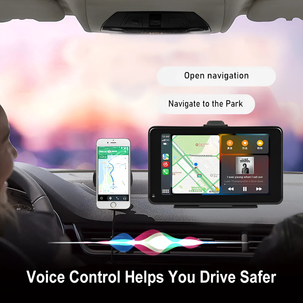 7 inch HD wired car media player with universal mount on dashboard
