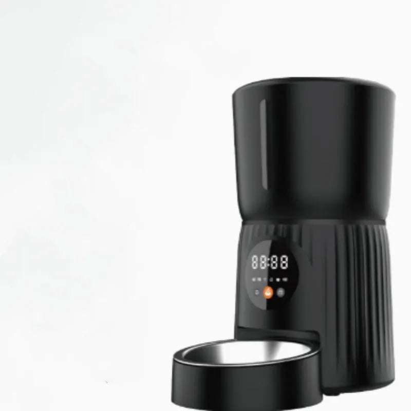Black and white intelligent pet feeder with USB connection for automatic timed feeding