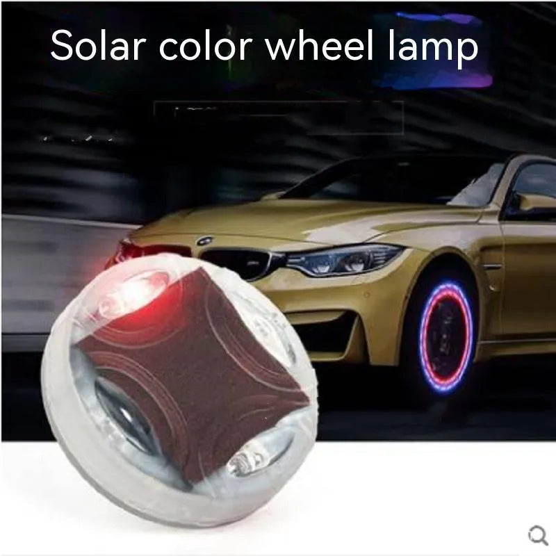 Solar LED car tyre valve light with colour adjustable mode, 4.5cm diameter, mounted on tyre valve stem