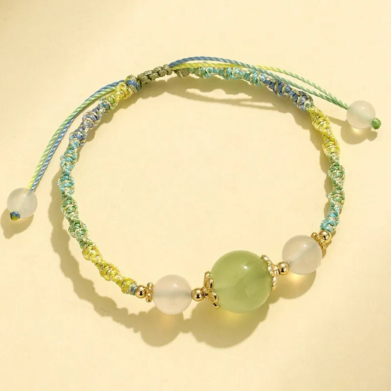 Hand-woven couple bracelet with white agate and prehnite beads, 12mm 8mm, electroplated finish