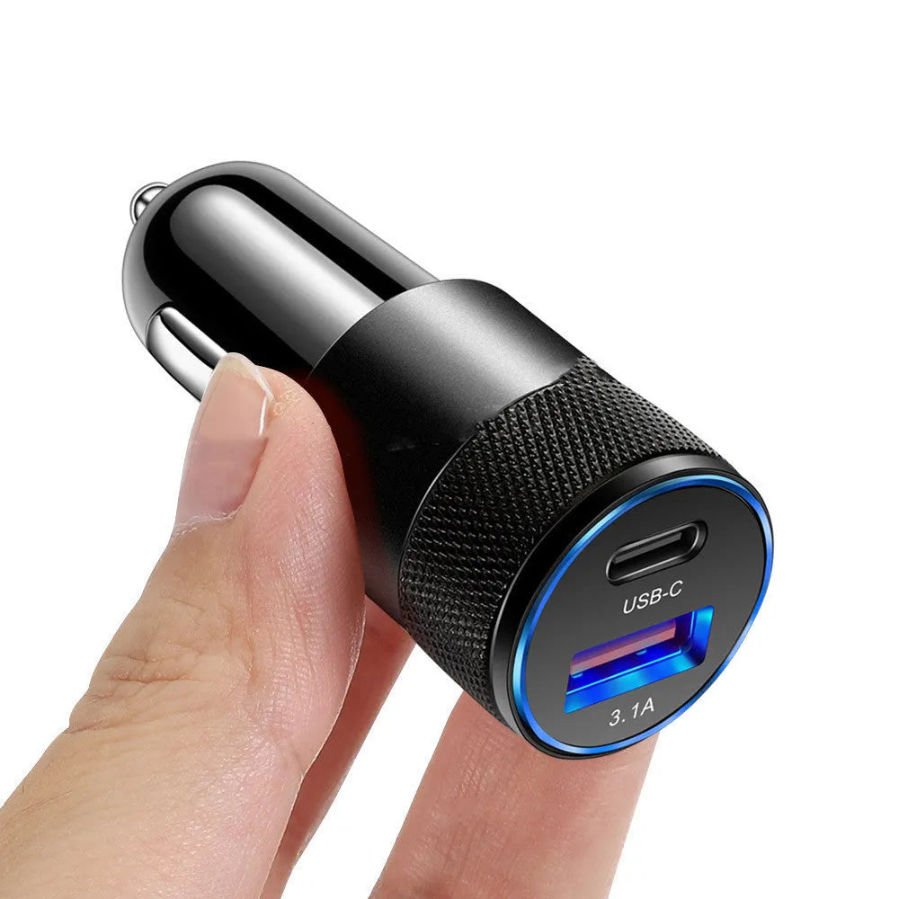 Aluminium alloy mobile phone car charger with 12V input, compact 2.5 x 6cm size, in All Black finish