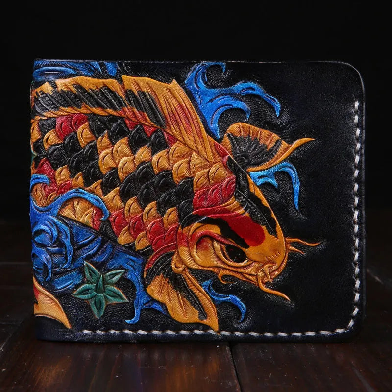 Men's hand-carved cow leather short bifold wallet in red, shown open.